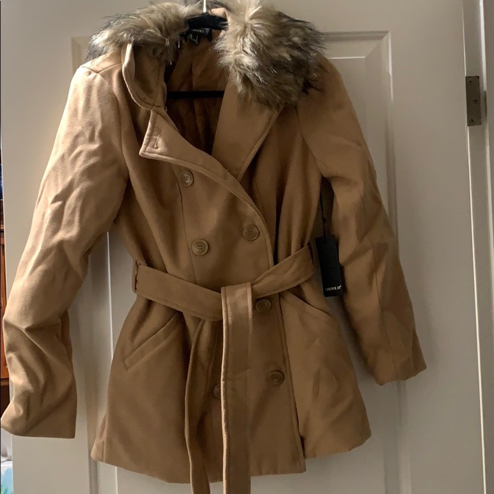 Tan pea coat with faux fur hood